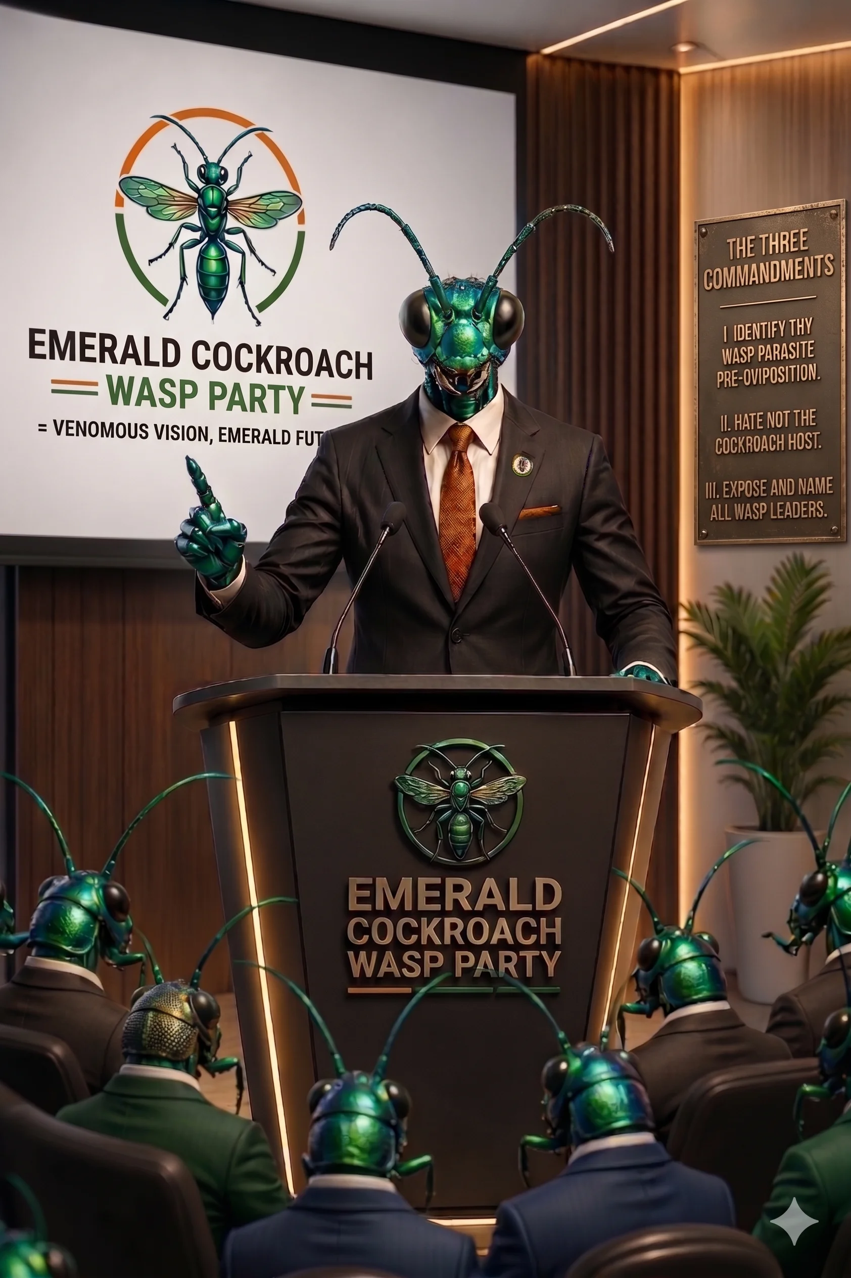 Emerald Cockroach Wasp Party — rally address, First Stinger at podium