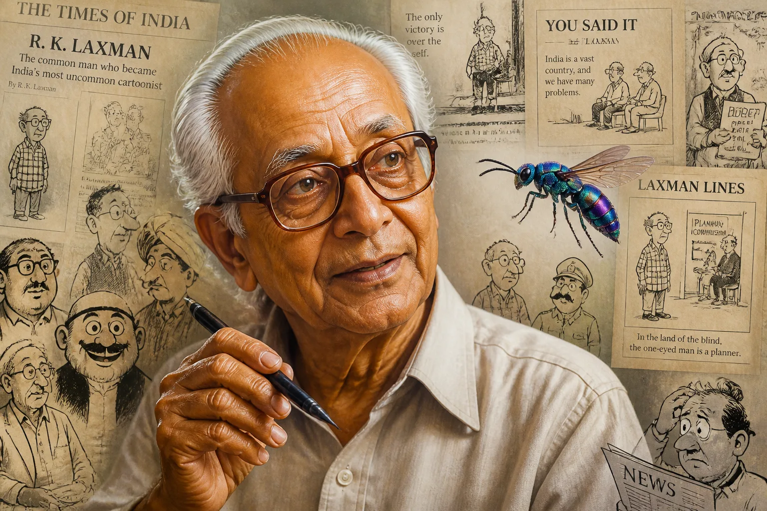 R.K. Laxman at his desk, surrounded by Times of India cartoons featuring the Common Man and You Said It headers, with the emerald cockroach wasp nearby. India Chapter patron, posthumously consulted.