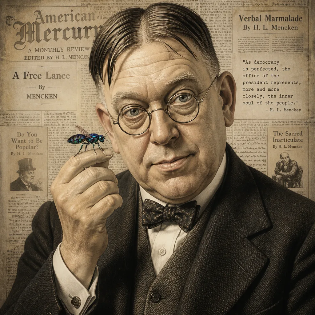 H.L. Mencken in editorial clip, against an American Mercury masthead — A Free Lance, by H.L. Mencken — with the emerald cockroach wasp on his hand. American Chapter patron, posthumously consulted.