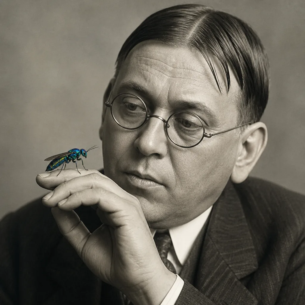 H.L. Mencken, Sage of Baltimore, with the emerald cockroach wasp resting on his hand. American Chapter patron, posthumously consulted.